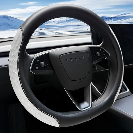 Tesla Model 3 and Model Y Steering Wheel Cover, Comfortable, Non-Slip, Breathable, Black and White Nappa Leather