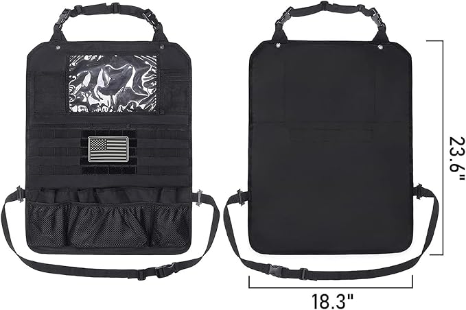 Tactical Car Seat Back Organizer Set Upgraded Tactical Molle Seatback Cover Protector Universal Fit Vehicles Truck MPV Pickup (Black with 2 Pouches)