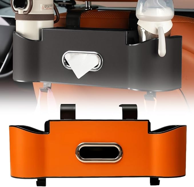 Back Seat Car Organizer with Cup Holder, 2026 New Backseat Car Organizer Back Seat, Multifunctional Car Seat Back Organizer Storage Box with Hooks & Tissue Box, for Drinks, Phone & Handbags (Orange)