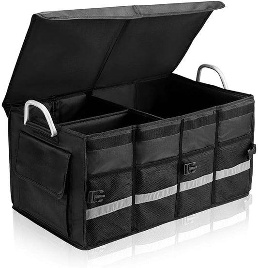 i BKGOO Car Trunk Organizer with Lid,Collapsible Car Trunk Storage Organizer,Multi-Compartment Car Organizer for auto, SUV, Truck, Minivan Black, X-Large