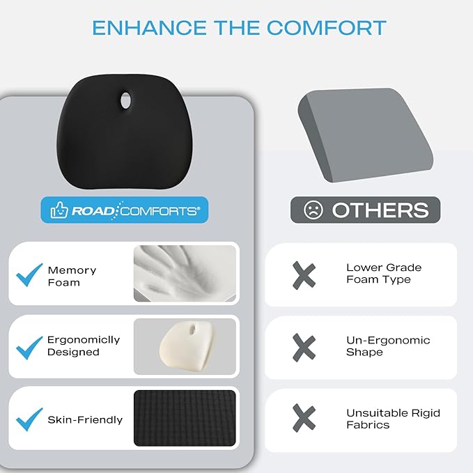 Road Comforts Premium Memory Foam Seat Cushion – Office Chair Cushion, Car Seat Cushion – Chair Cushions for Back & Sciatica Pain Relief – Seat Cushions for Office & Desk (Black)