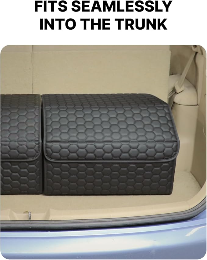 Owleys Car Storage Organizer Bundle - Two Foldable Crates For Groceries, Gear & Trips - Durable SUV And Truck Storage Set - Thoughtful Birthday Gifts For Drivers (Black 17+21)