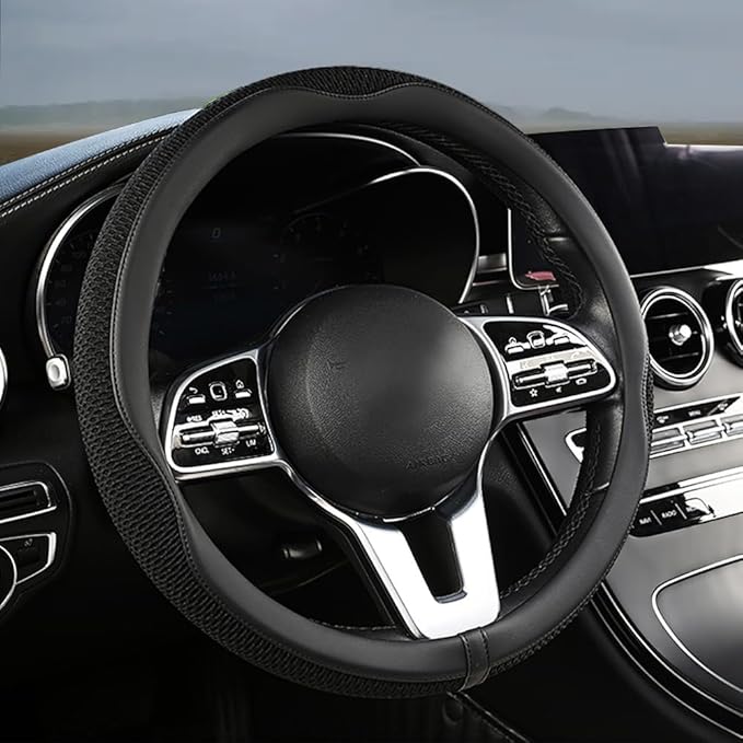 38cm Car Steering Wheel Cover, Universal 15 inch, Microfiber Breathable Ice Silk,Warm in Winter and Cool in Summer, Anti-Slip, Odorless, Easy to Install