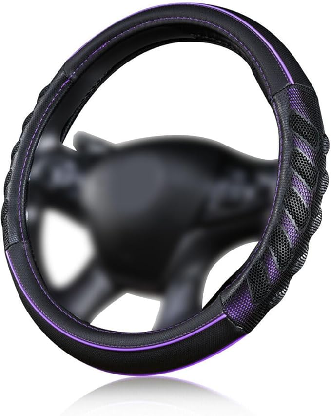 Flying Banner car Steering Wheel Cover Faux Leather Massage Universal fit 3D Honeycomb Hole Anti-Slip Sporty 15 Inches (Purple Black)