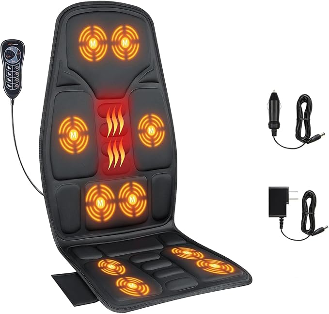 SLOTHMORE Back Massage Chair Pad, Back Massager with Heat for Pain Relief, Chair Massager for Full Body Massage, Deep Tissue Vibration Massger with 2 Adapters, Chair Massager for Office and Recliner