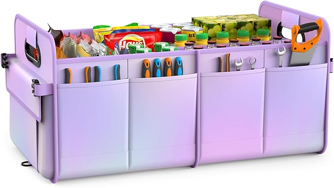 Trunk Organizer For Suv&Sedan,Car Organizers&Storage,Waterproof Collapsible & Adjustable Straps,70L Sturdy Car Organization for Car Accessories,Tools,Sundries,2-3Compartment(Colorful Purple)