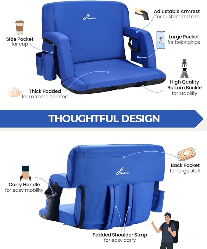 Sportneer Stadium Seats with Back Support: 2.5'' Thick Comfy Cushion 6 Adjustable Angle Bleacher Seat with Armrest - 2 Large Pockets, 2 Cup Holders Stadium Chair for Sport Events Concerts Parks