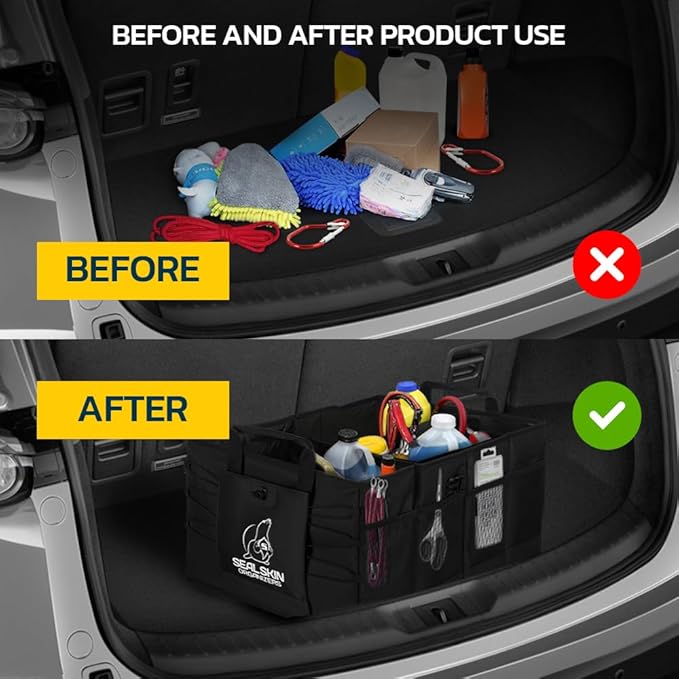 Seal Skin Covers Trunk Organizer for SUV, Car & Truck - Premium Heavy Duty and Collapsible with 3 Adjustable Sizes - Lightweight and Portable Storage Organizer - Easy to Use and Install in Any Vehicle