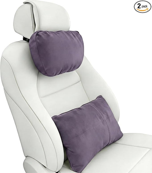 2PCS Car Pillow for Car Neck Pillow for Driving Seat Lumbar Support Soft Cushion with Extra Filling Accessories Back Support for Travel Nap and Trips Sleeping (Violet, Head and Lumbar)