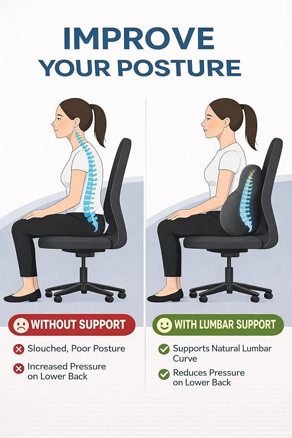 Luxury Lumbar Support Pillow for Back Pain Relief – High-Density Memory Foam Ergonomic Back Cushion for Office Chair, Car & Home – Adjustable Strap, Removable Washable Cover + Bonus Massage Roller