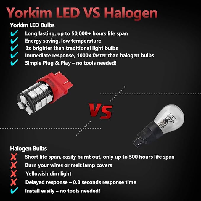 Yorkim 3157 Red LED Light Bulbs, 3056 3057 3156 3157 4157, 360 Degree Lighting Angle, Super Bright, Non-Polarity Design, Easy to Install
