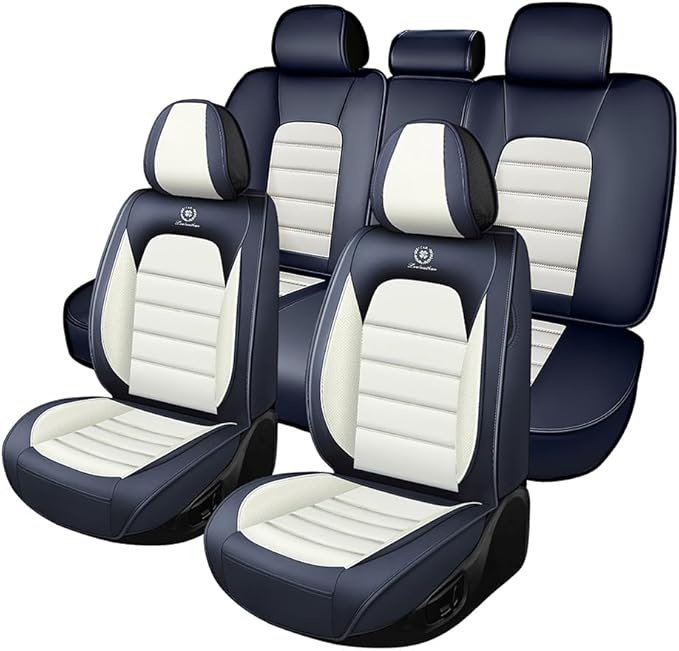 5 Seat Covers Fit for Acura ILX 2013-2022, Waterproof Premium Leather Automotive Accessories Seat Protectors Seat Cushions Wear-Resistant Car Seat Covers（Blue&White,Full Set）