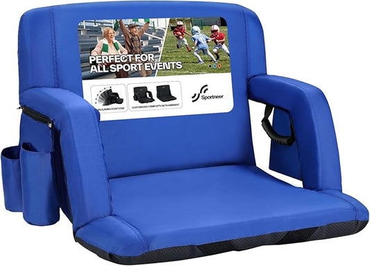 Sportneer Stadium Seats with Back Support: 2.5'' Thick Comfy Cushion 6 Adjustable Angle Bleacher Seat with Armrest - 2 Large Pockets, 2 Cup Holders Stadium Chair for Sport Events Concerts Parks