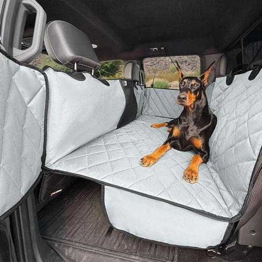 4Knines Hard Bottom Back Seat Extender for Dogs – Waterproof Dog Car Seat Cover – Heavy Duty Backseat Protector for Cars, SUVs, Trucks – Built-in EZ Open Door Protector (Patent Pending) Grey, XLarge