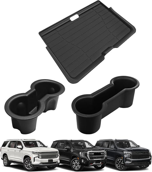 Muslogy Front Center Console Organizer & Cup Holder Inserts Compatible with 2021-2024 GMC Yukon Chevy Tahoe Suburban Accessories Front & Rear Silicone Drink Holder 2PCS & Middle Console Removable Lid