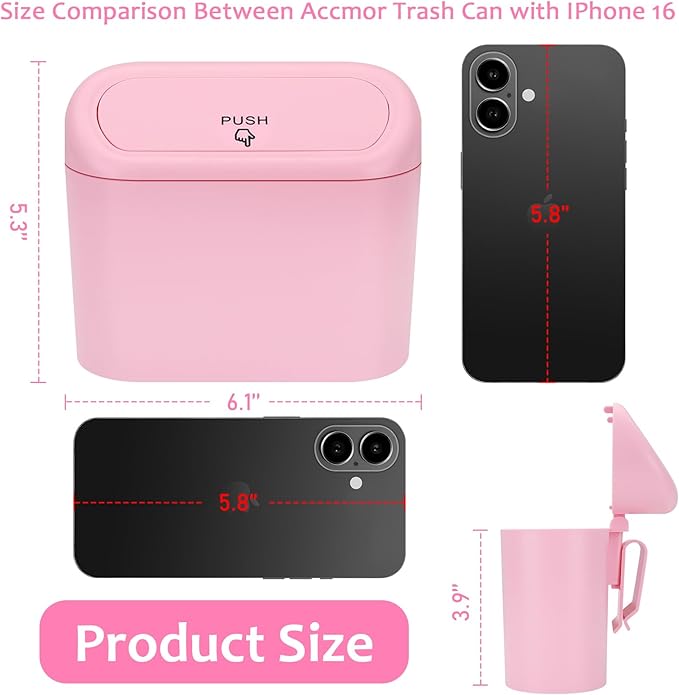 Accmor Car Trash Can with Lid, Vehicle Trash Bin Car Dustbin Garbage Organizer Holder with One Roll Trash Bag, Portable Hanging Mini Leakproof Cars Storage Bag Container for Auto, SUV, Office (Pink)