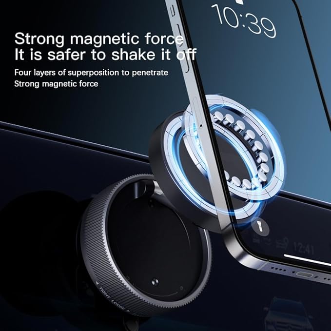 Vacuum Suction Magnetic Car Phone Holder Mount Fit All Phones,Adjustable Phone Holders for Your Car,Mechanical Knob No Need Charging,Metal Ring Stick Outside if Case Non-Magnetic (Black)