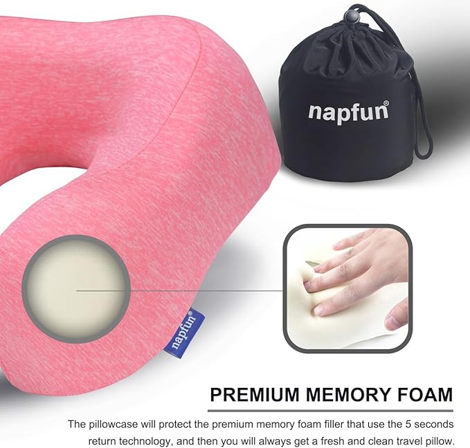 napfun Neck Pillow for Traveling, Upgraded Travel Neck Pillow for Airplane 100% Pure Memory Foam Travel Pillow for Flight Headrest Sleep, Portable Plane Accessories, Simple Sets (Optional), Full Rose