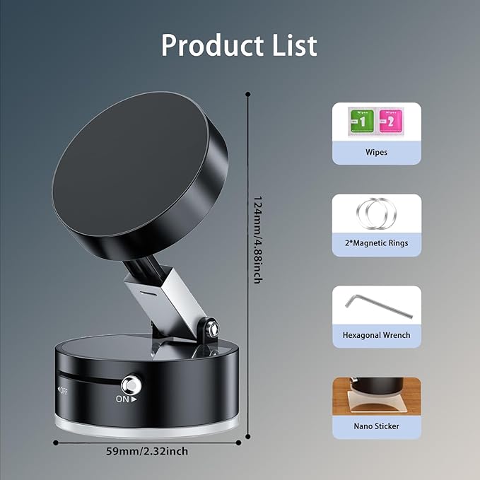 Vacuum Suction Magnetic Car Phone Holder Mount Fit All Phones,Adjustable Phone Holders for Your Car Home Office Smooth Surfaces,Metal Ring Stick Outside if Case Non-Magnetic (Upgraded)