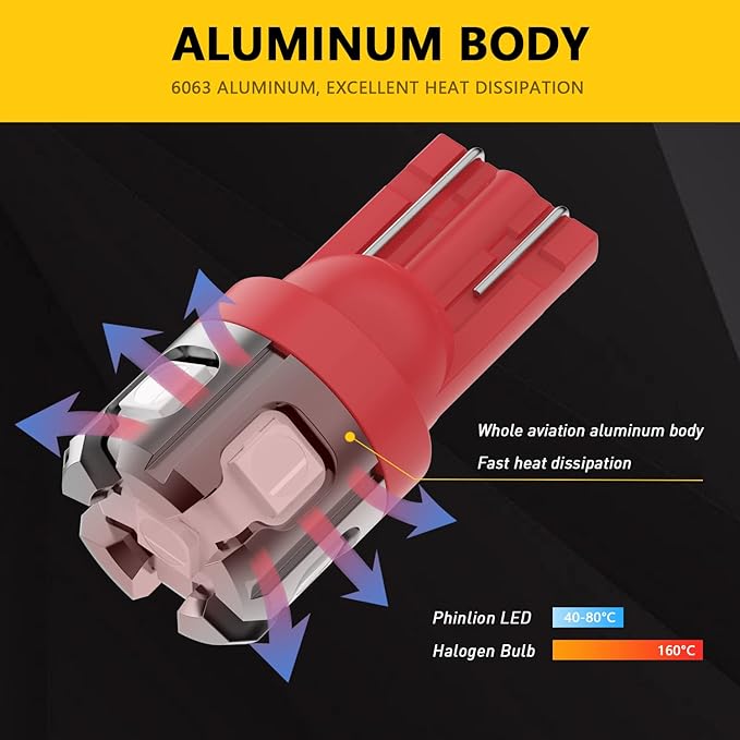 PHINLION 194 LED Light Bulb Red Super Bright 168 2825 W5W T10 Wedge 6-SMD 3030 Chipsets LED Replacement Bulbs for Car Dome Map Parking Door Courtesy Side Marker License Plate Lights