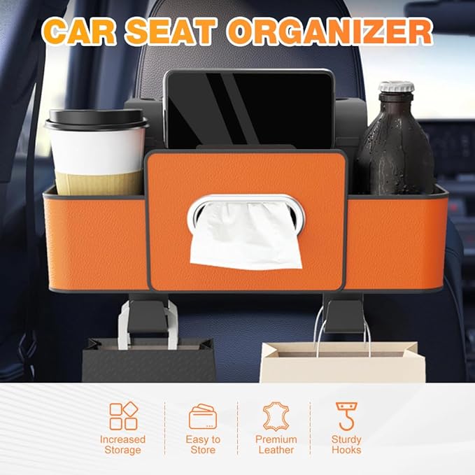 3-in-1 Car Backseat Organizer with Cup Holder, Tissue Box, Trash Bin & Hooks,Multifunctional Back Seat Car Organizer for Hold Phones, Snacks, Drinks, and Handbags (Brown)