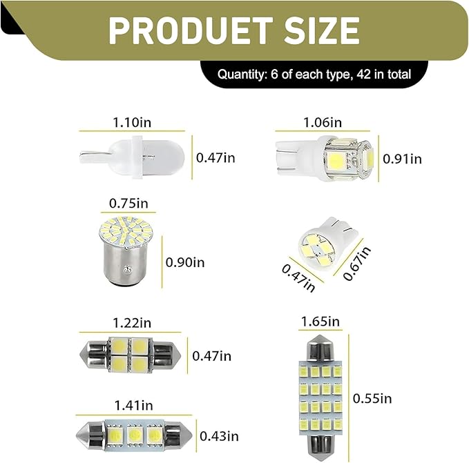 42 PCS Led Interior Car Lights Set, T10 31 mm 36 mm 41 mm License Plate Light Bulb, Wide Angle Led Interior Lamps, Easy Plug and Play Installation, for Dome Map Door Reading Use (White)