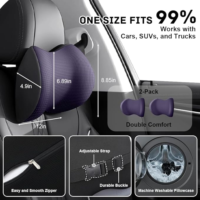2Pack Car Neck Pillow - No Pressure & Odorless Memory Foam Car Headrest Pillow for Pain Relief, Ergonomic Support with Adjustable Strap & Breathable Removable Cover, Universal Fit(Purple)