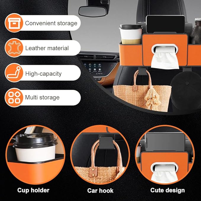 Multifunctional Car Seat Back Storage Box, 2026 New 3-in-1 Back Seat Car Organizer with Cup Holder Tissue Box Headrest Hook, Car Backseat Organizer for Hold Phone, Snacks, Drinks, Handbags (Orange)
