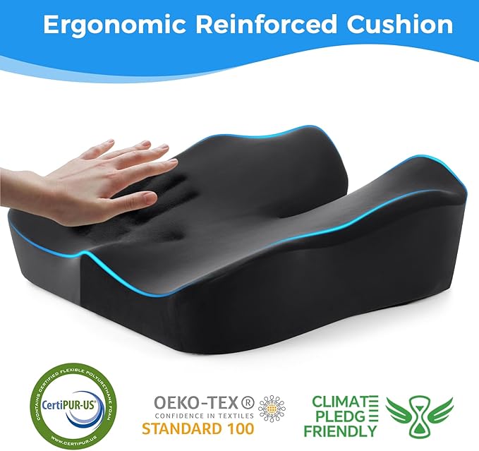 Niceeday Seat Cushion for Office Chair & Car - Premium Memory Foam with Ergonomic U-Shape Design - Enhanced Comfort for Tailbone & Hip Support, Non-Slip Base & Machine Washable Cover