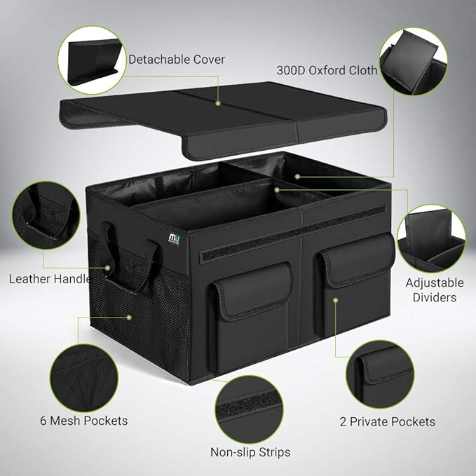 MIU COLOR Car Trunk Organizer with Lid, Collapsible Car Storage Organizer with Reinforced Leather Handles, Non-Slip Bottom, Trunk Organizer for SUV, Van, Jeep (Black with Strap, Extra Large)