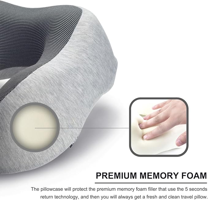 napfun Neck Pillow for Traveling, Upgraded Travel Neck Pillow for Airplane 100% Pure Memory Foam Travel Pillow for Flight Headrest Sleep, Portable Plane Accessories, Light Grey Set