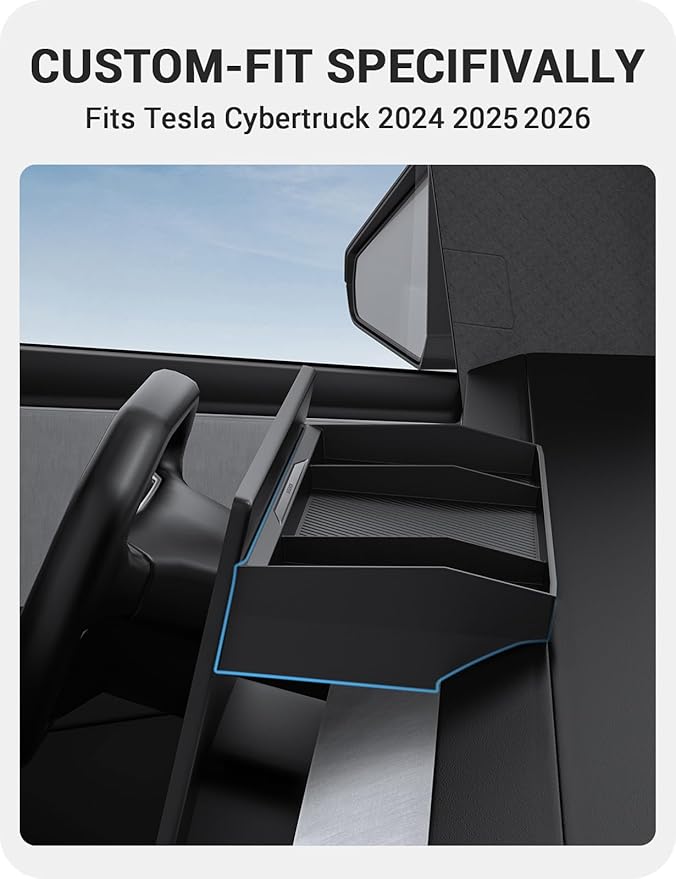 BASENOR Behind Screen Storage for Tesla Cybertruck Accessories 2024-2026, (Proprietary Design) Custom-Fit Center Console Sunglasses Holder & Hidden Dashboard Storage Tray