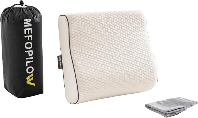 Memory Foam Travel Pillow with Washable Cover & Carry Bag – Compact, Soft & Breathable Neck Pillow for Airplane, Camping & Car (White- with Extra Gray Cotton Cover, 13.8x11.8x3.9/3.1 inches)