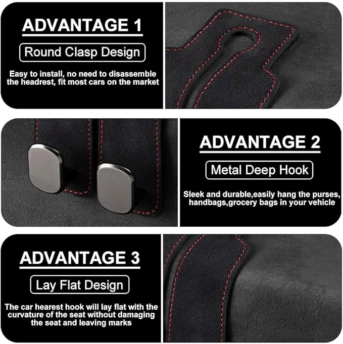 SUNCARACCL 2 Pack Car Seat Headrest Hook, Car Purse Hook Car Hooks for Purses and Bags, Car Seat Back Storage Hook Double Hook Holder Car Organization Accessories(Black)