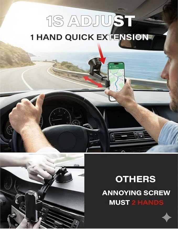 APPS2Car Car Phone Holder Mount - 3-in-1 Dashboard Windshield Air Vent - No Block Camera Thick Case - One Hand Adjustable 4.3”-6.3" Compatible for iPhone 17/16/15 pro max Samsung - Anti-UV Suction cup