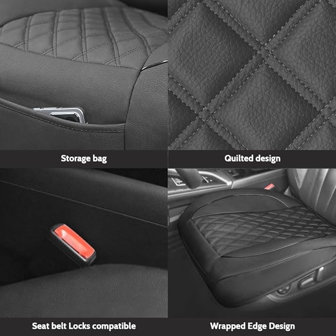 1 Pack PU Leather Quilting Front Car Seat Cover, Anti-Slip Full Wrap-Around Bottom Seat Protector Cushion with Storage Pocket, Universal Fit for Most Vehicles - Black