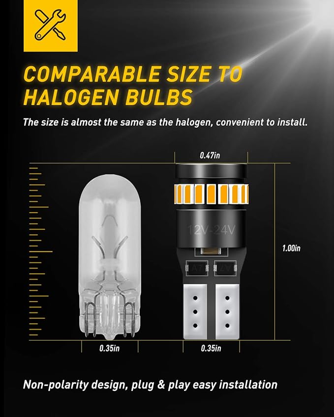 AUXITO 194 LED Bulb Amber Yellow 168 2825 W5W T10 Wedge 24-SMD 3014 Chipsets Replacement Bulbs for Car Dome Map License Plate Courtesy Step Lights (Pack of 2)