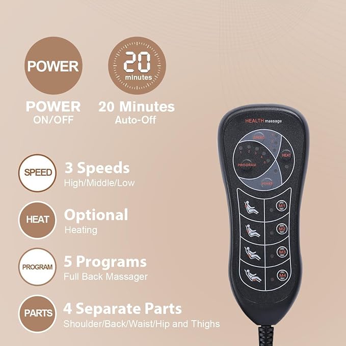 SLOTHMORE Back Massage Chair Pad, Back Massager with Heat for Pain Relief, Chair Massager for Full Body Massage, Deep Tissue Vibration Massger with 2 Adapters, Chair Massager for Office and Recliner