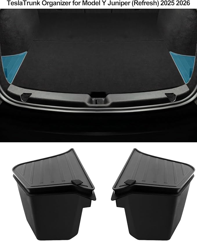 for Tesla Trunk Storage Bins Model Y Juniper 2026 2025 Refresh Rear Organizer with Lid Trunk Side Storage Box Model Y Interior Accessories TPE Waterproof Cargo Storage Bins Black 2PCS