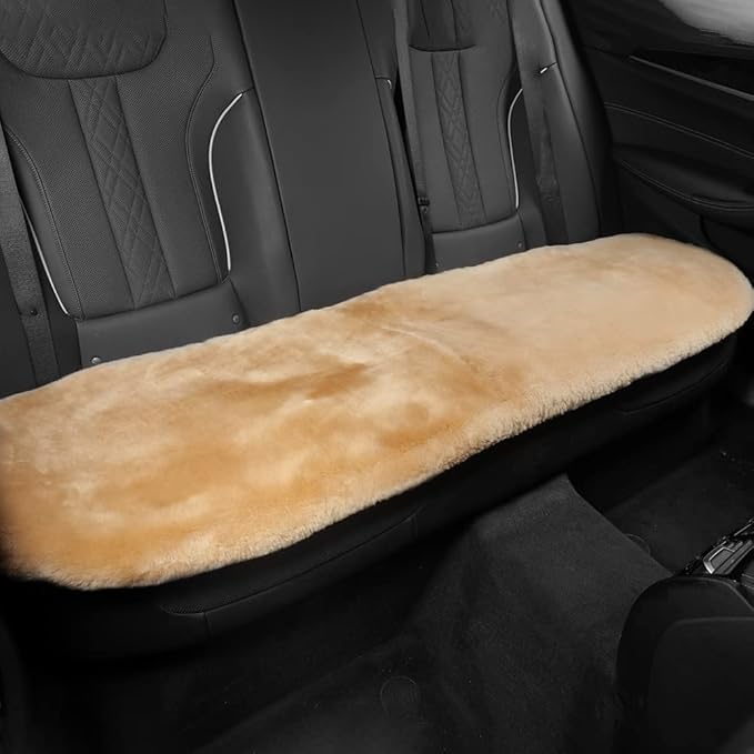Genuine Sheepskin Auto Seat Pad,Soft Wool Seat Cover Breathable and Sweat-Wicking Comfort Warm Universal Fit (Front seat Cushion 2pcs & Rear seat Cushion 1pc, Khaki)