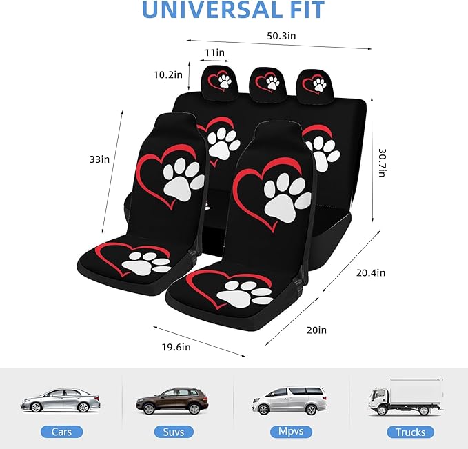 2 Pcs Premium Heart-Shaped Paw Print Car Seat Cover, Breathable & Washable Car Seat Covers Full Sets, Fashionable Printed Seat Covers for Cars Interior, Universal Fit for Most Cars