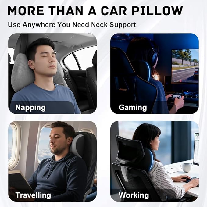 2Pack Car Neck Pillow - No Pressure & Odorless Memory Foam Car Headrest Pillow for Pain Relief, Ergonomic Support with Adjustable Strap & Breathable Removable Cover, Universal Fit(Gray)