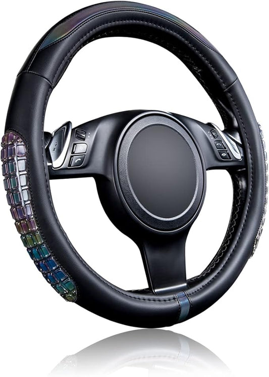 Flying Banner car Steering Wheel Cover Gel Massage Velvet Cool Warm Universal Size 15 inches SUV Truck Anti Slip Odorless Summer Winter (Black Muti-Volor Faux Leather, Gel Massage)