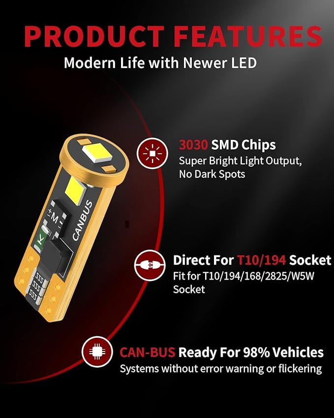 LASFIT 194 LED Bulb 6000K White, T10 168 2825 W5W LED Replacement Light Bulbs, For Dome Map Light, Door Light, Courtesy Light, License Plate Light, Trunk Light, Super Bright (Pack of 4)