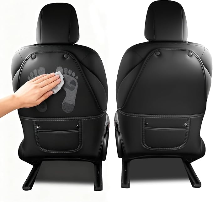 Seat Back Kick Protector Compatible with Tesla Model 3 2017-2025/ Model Y 2021-2025 Accessories, Leather Anti-scratch Kick Mat Cover with Organizer Pocket Black Seatback Protector for Kids Pets