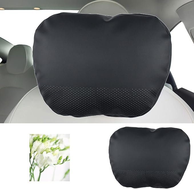 【Leather, Black】Seat Headrest Pillow 2 Packs with air fresheners for Tesla Neck Pillow Uniquely Designed for Tesla Model Y/3 Neck Support Cushion Nappa Leather Visible Strap White Black