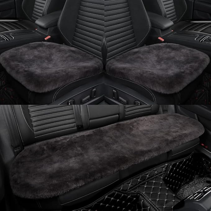 Genuine Sheepskin Auto Seat Pad, Soft Wool Seat Cover Breathable and Sweat-Wicking Comfort Warm Universal Fit (Front seat Cushion 2pcs & Rear seat Cushion 1pc, Dark Grey)