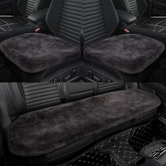 Genuine Sheepskin Auto Seat Pad, Soft Wool Seat Cover Breathable and Sweat-Wicking Comfort Warm Universal Fit (Front seat Cushion 2pcs & Rear seat Cushion 1pc, Dark Grey)