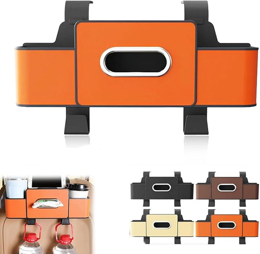 3 in 1 Car Backseat Organizer with Cup Holder, Leather Multifunctional Seat Back Storage with Tissue Box, Phone Holder and Hooks, for Hold Phones, Snacks, Drinks, and Handbags (Orange,1PCS)
