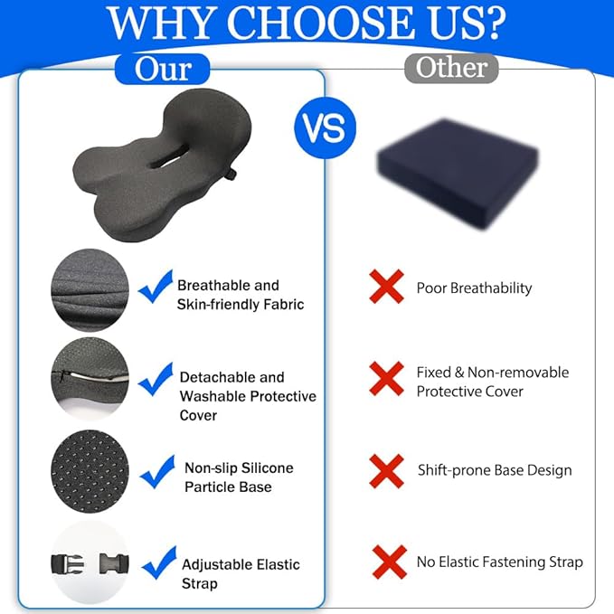 Wheelchair Cushions with Ergonomic L-Shape Design – Premium Memory Foam Seat Cushion for Posture Support & Tailbone Pain Relief – Non-Slip Base & Adjustable Straps for Office, Car & Travel Use